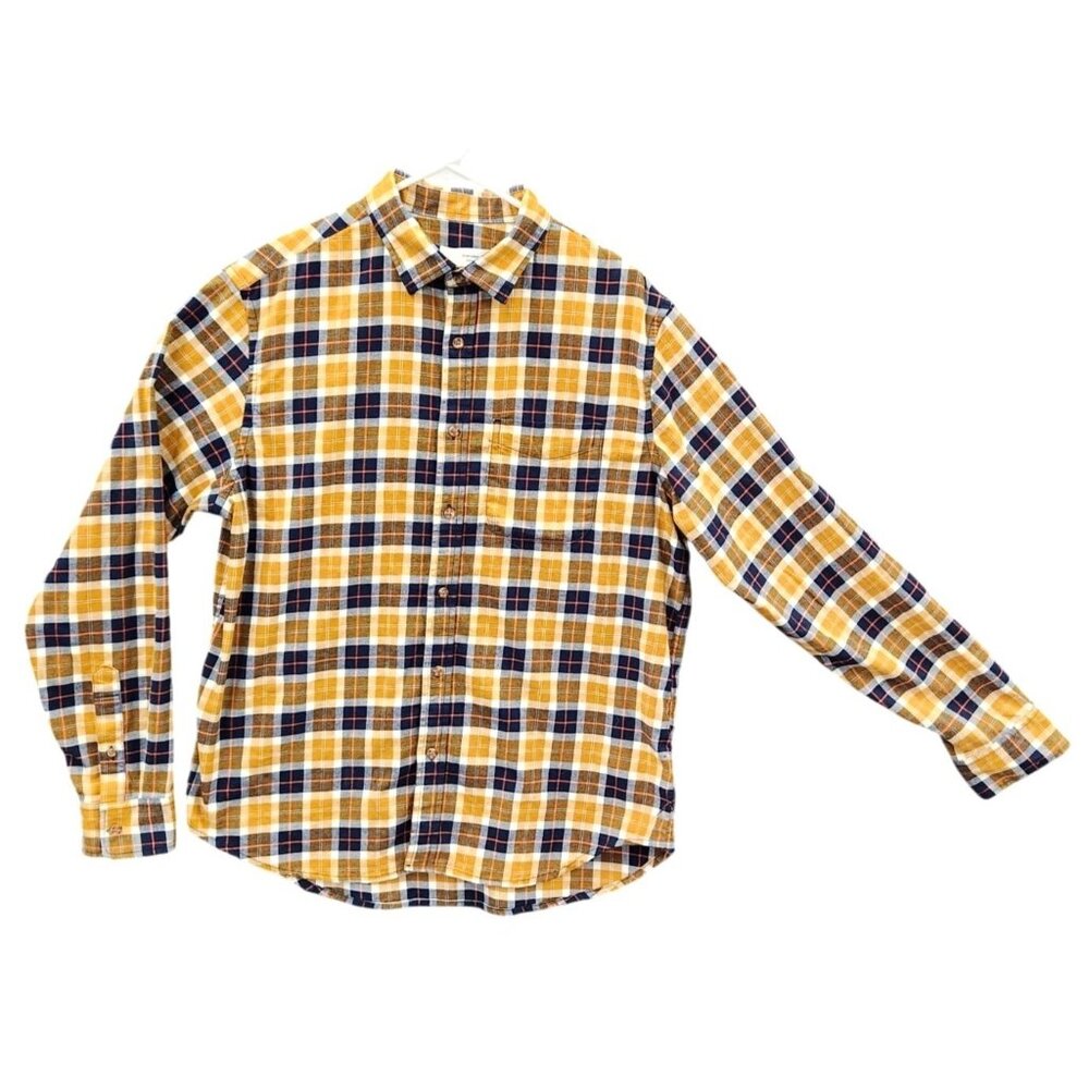 Mens Flannel Mustard Blue Plaid Button-Down Collar Shirt L Regular Fit Long Slee
